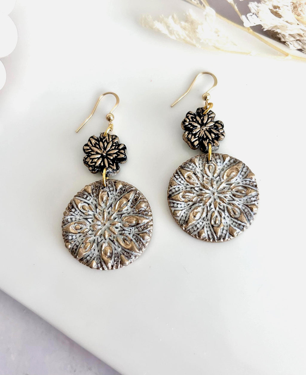 Gold Black White Floral Mandala Dangle Earrings, Handmade Clay Boho Dangles