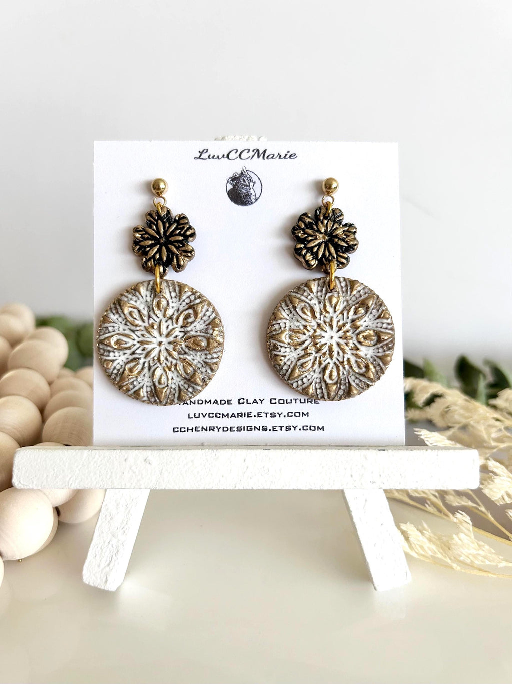 Gold Black White Floral Mandala Dangle Earrings, Handmade Clay Boho Dangles