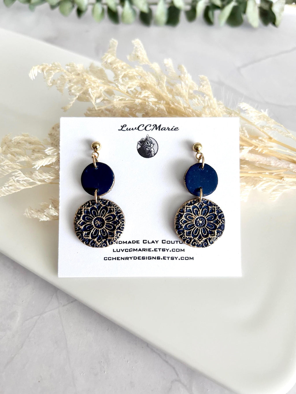 Dark Navy Blue Clay Earrings, Gold Mandala Embossed Dangles, Handmade Fashion Boho Jewelry