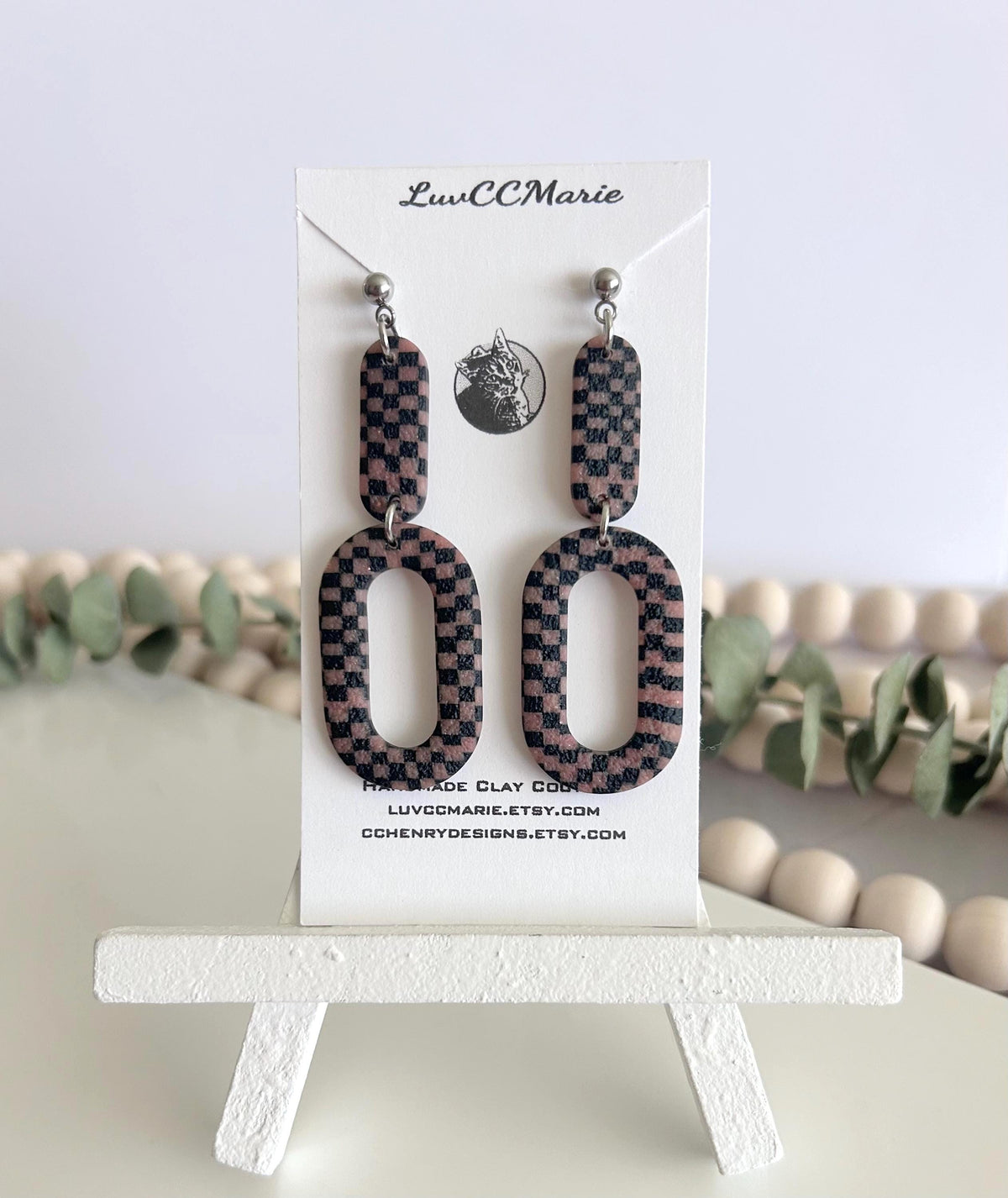 Pink Black Modern Gingham Dangle Earrings, Geometric Checkered Dangles, Handmade Clay Plaid Jewelry