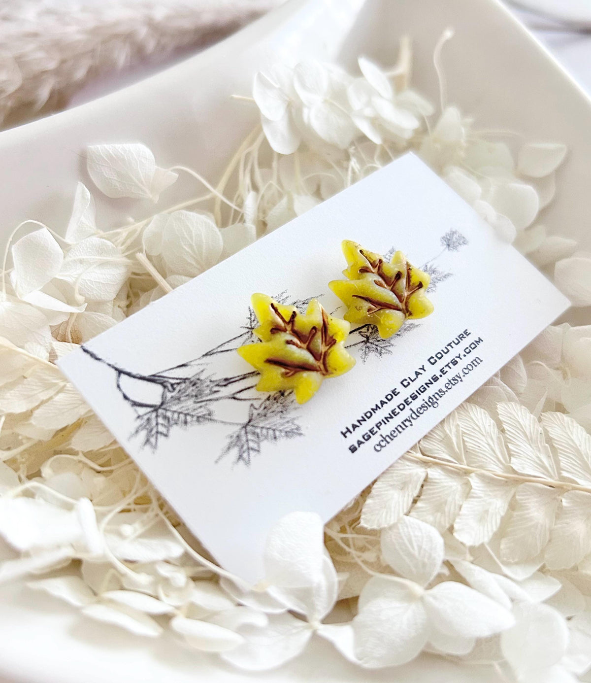 Clay Stud Earrings, Maple Leaf Fall Studs, Chartreuse Green, Hypoallergenic Surgical Posts