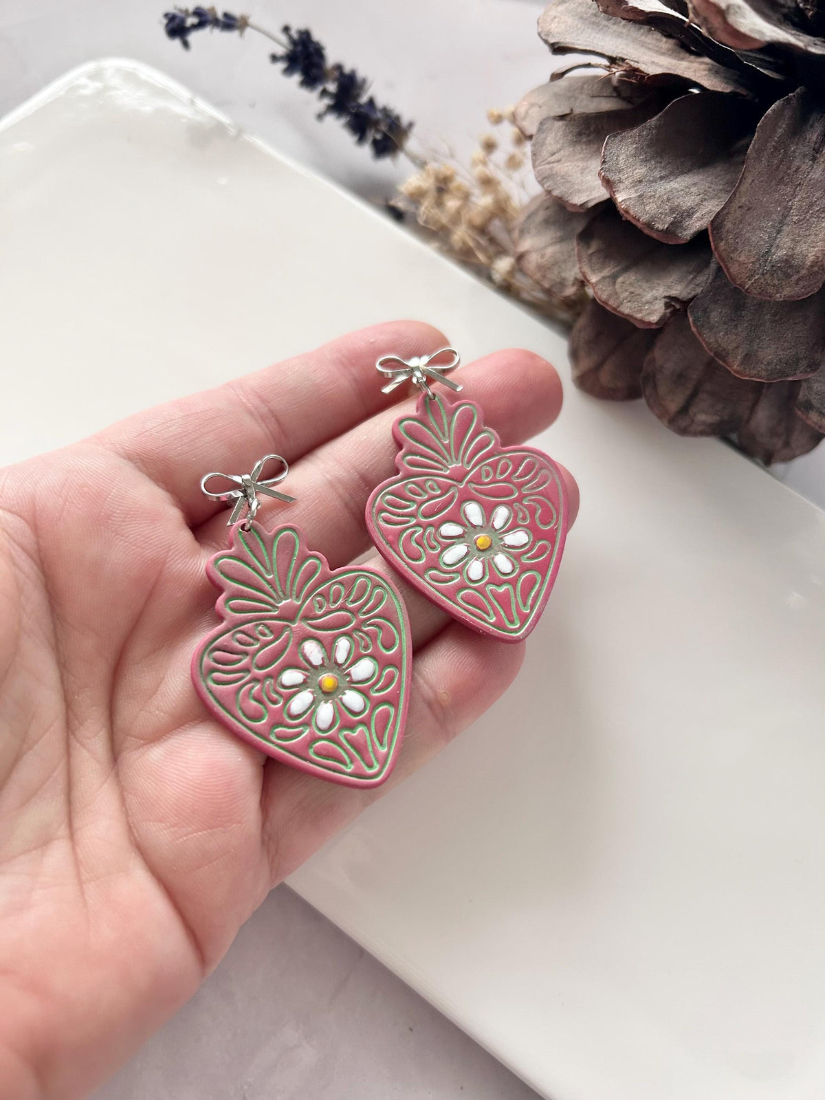 Mexican Strawberry Earrings, Hand Painted Daisy Flower Fuchsia Pink Heart Dangles, Handmade Jewelry Gift