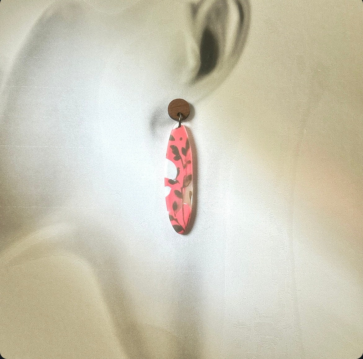 Coral Floral Clay Earrings: Boho Walnut Wood Dangles