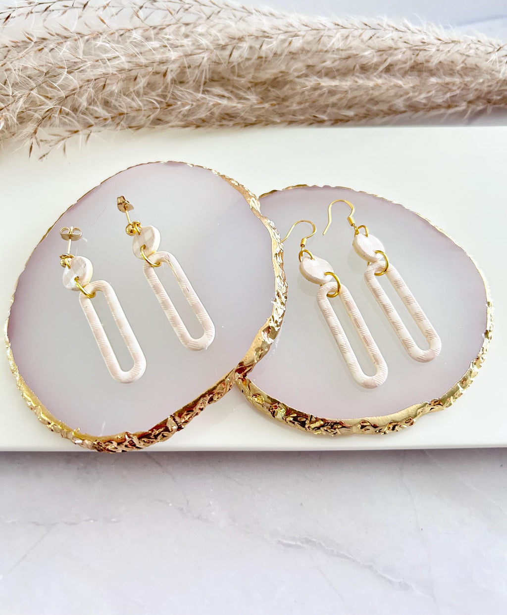 Beige and Gold Gingham Earrings, Clay Hoop Dangles, Lightweight Hypoallergenic
