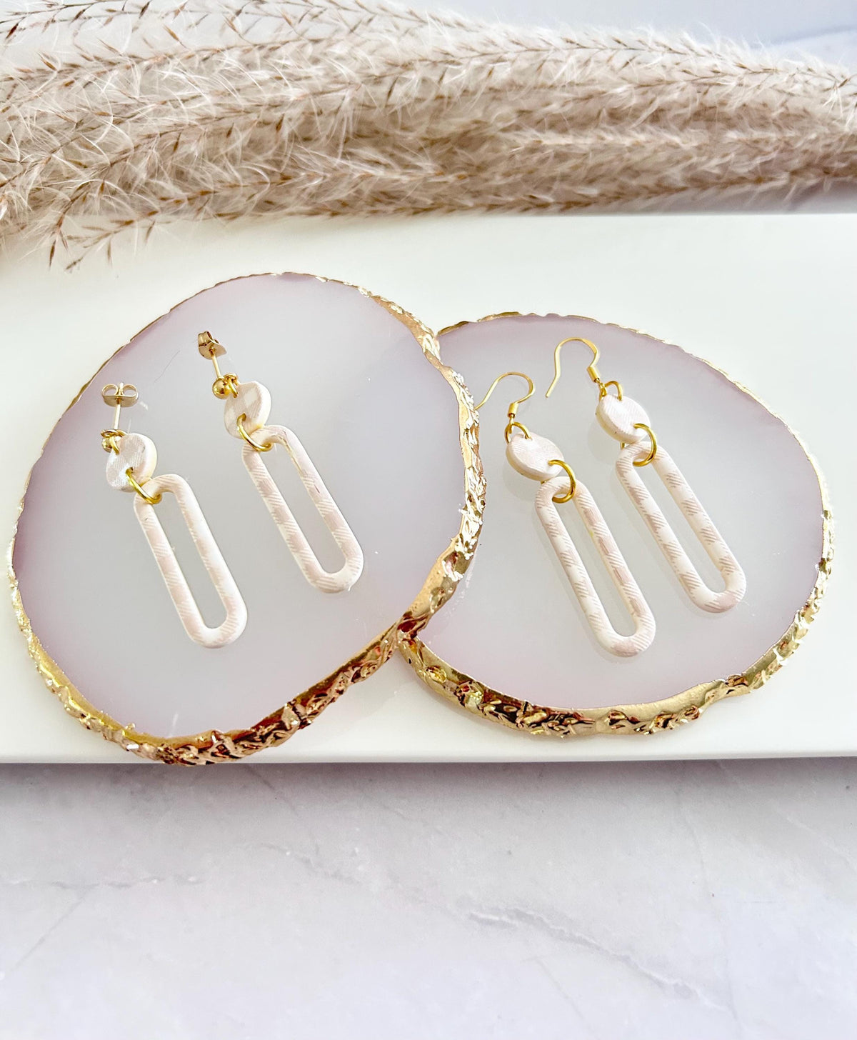 Beige and Gold Gingham Earrings, Clay Hoop Dangles, Lightweight Hypoallergenic