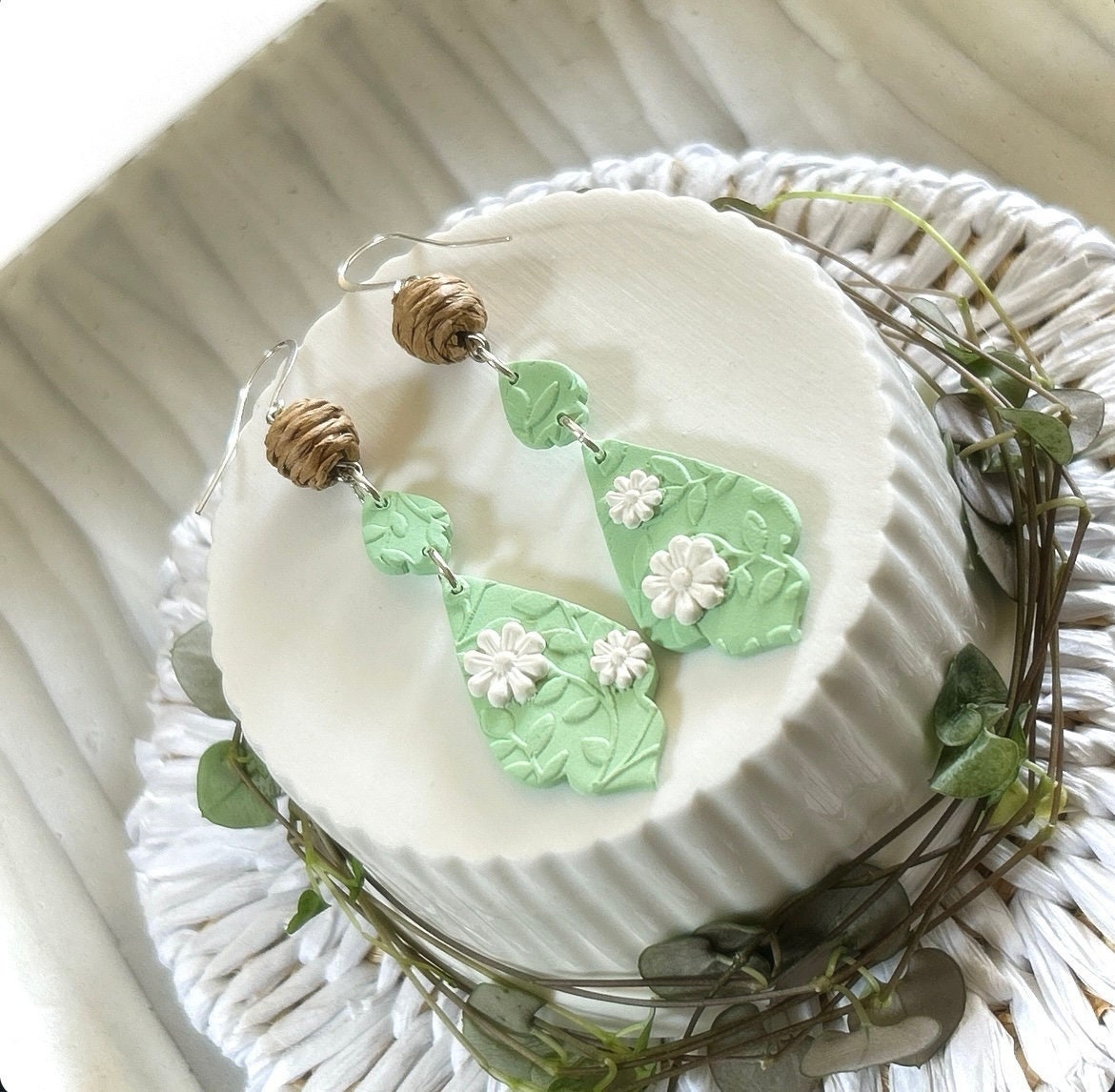 Green and White Daisy Earrings, Clay Drop Long Dangles, Handmade Floral Flower Jewelry