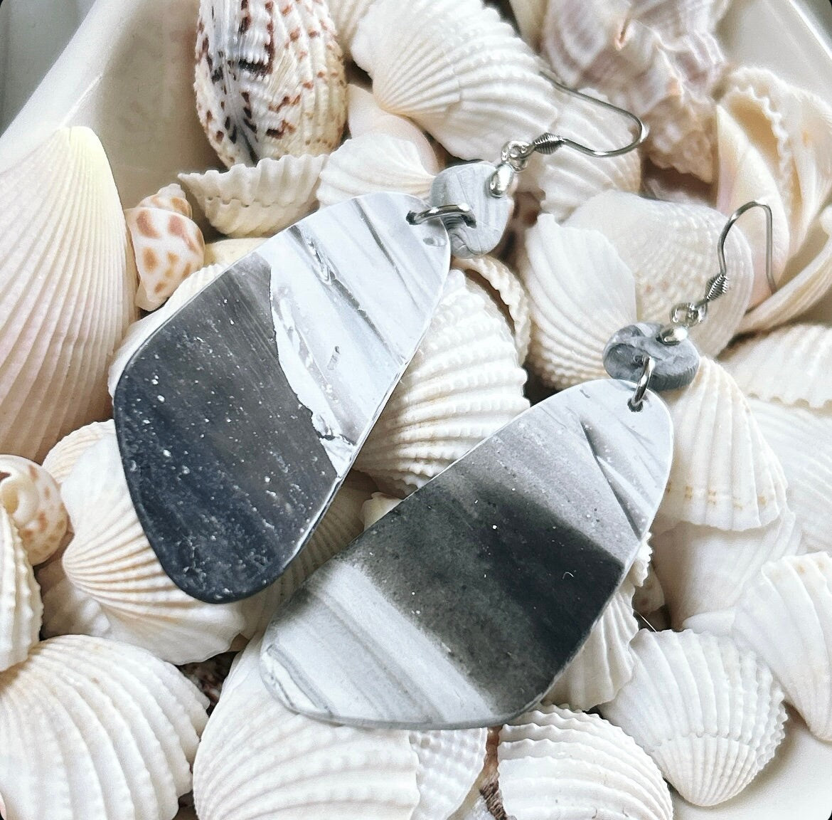 Marbled Clay Dangle Earrings: Gray Black White Boho Jewelry