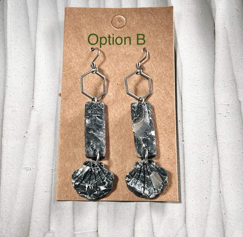 Seashell Earrings, Black Beach Dangles, Stainless Steel Long Hexagon Handmade Clay Boho Jewelry
