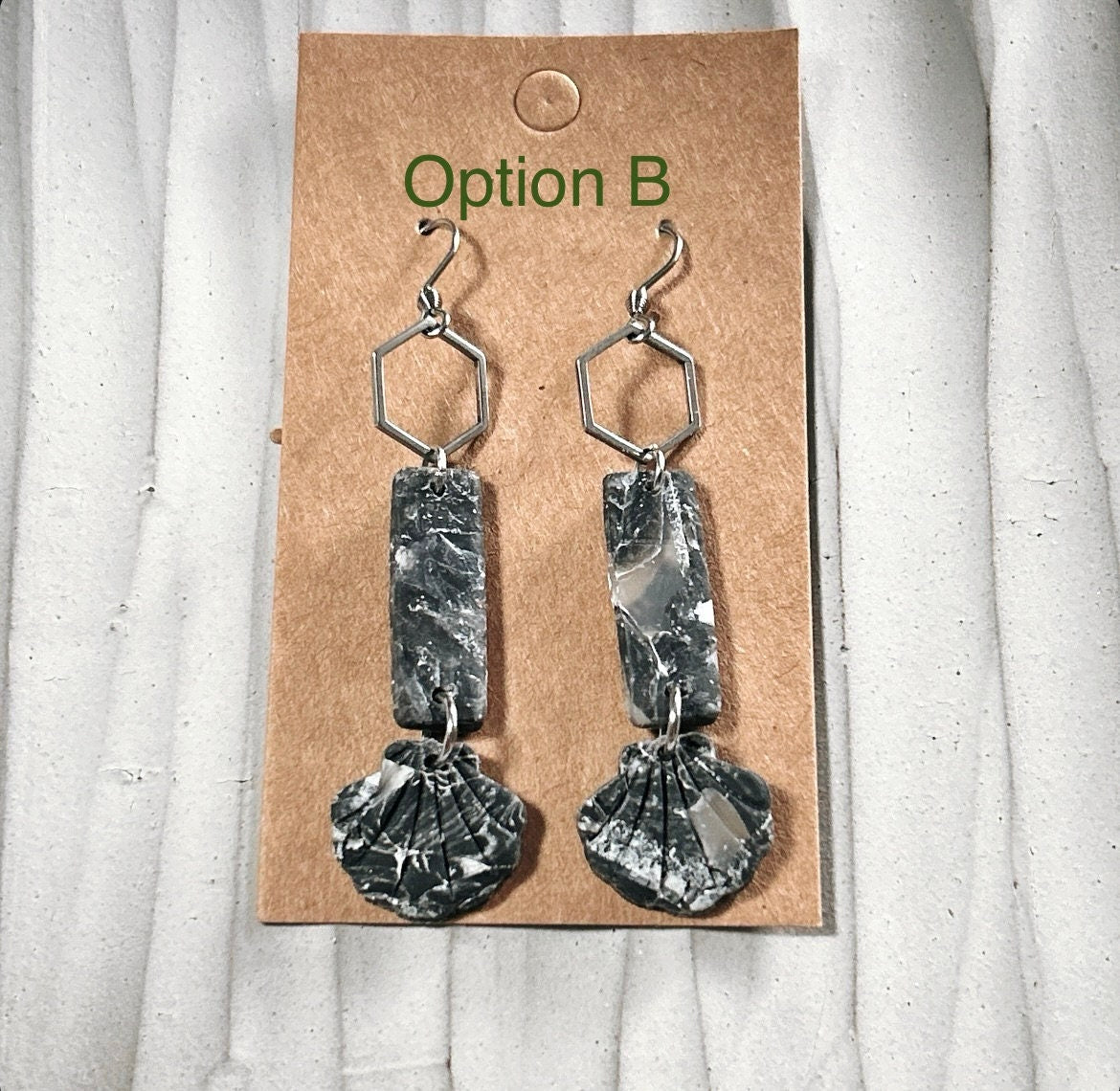 Seashell Earrings, Black Beach Dangles, Stainless Steel Long Hexagon Handmade Clay Boho Jewelry