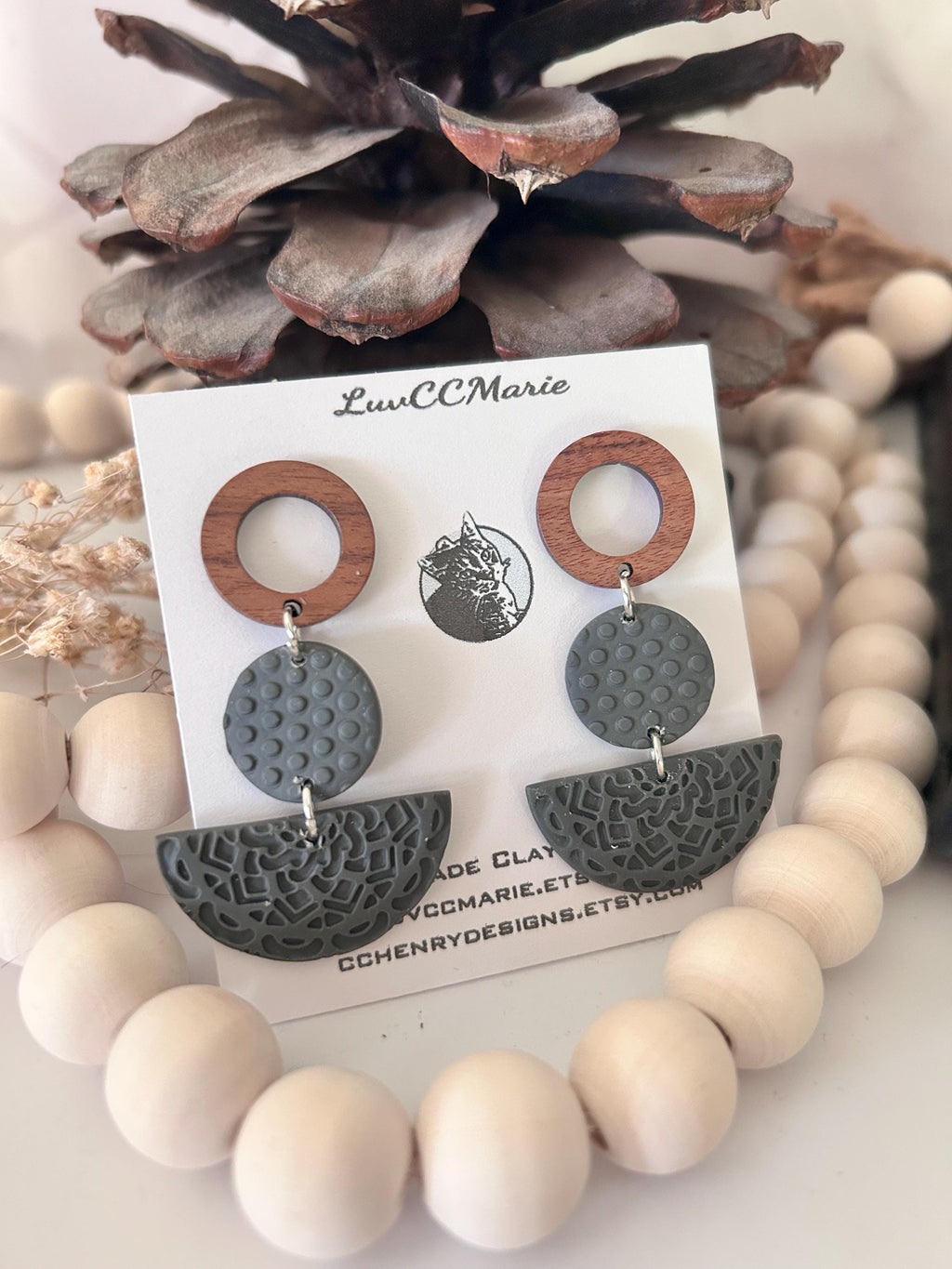 Mandala Polka Dot Clay Earrings, Open Circle Wood Post Stud Dangles, Lightweight Hypoallergenic