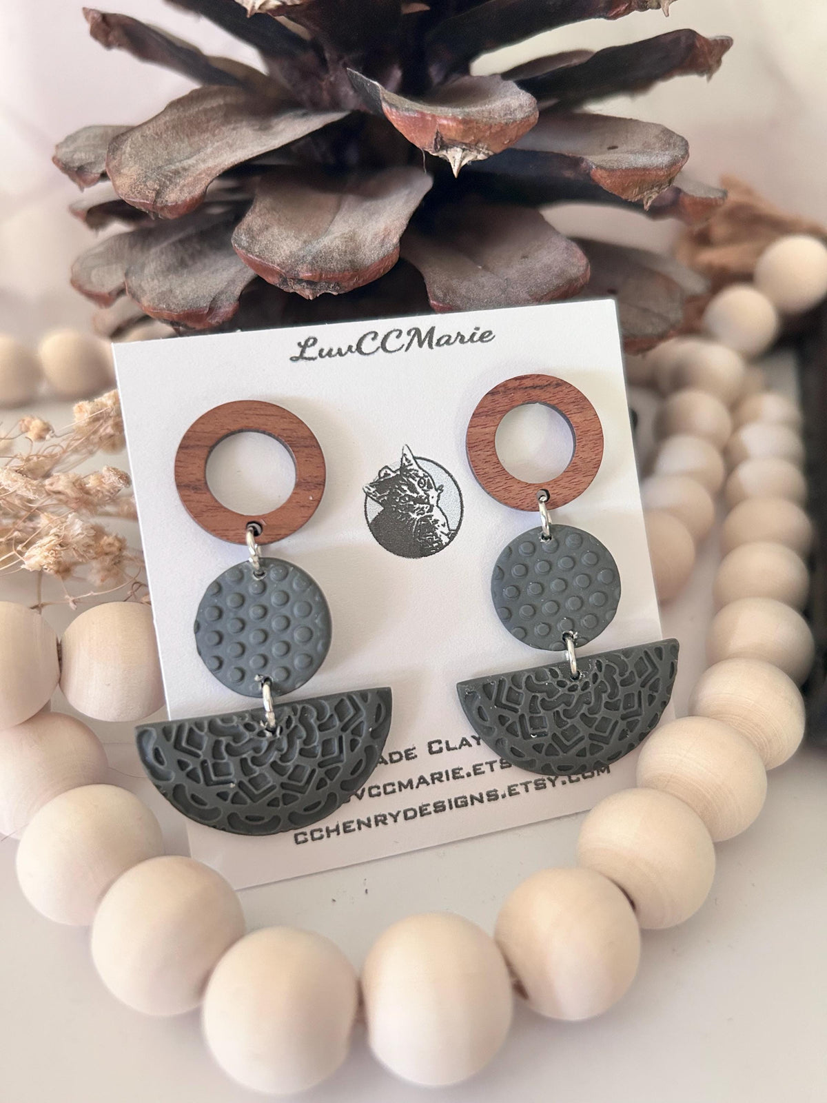 Mandala Polka Dot Clay Earrings, Open Circle Wood Post Stud Dangles, Lightweight Hypoallergenic