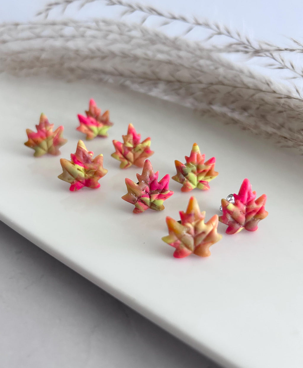 Fall Neon Stud Earrings, Maple Leaf Clay Studs, Handmade Multicolor Leaves Jewelry