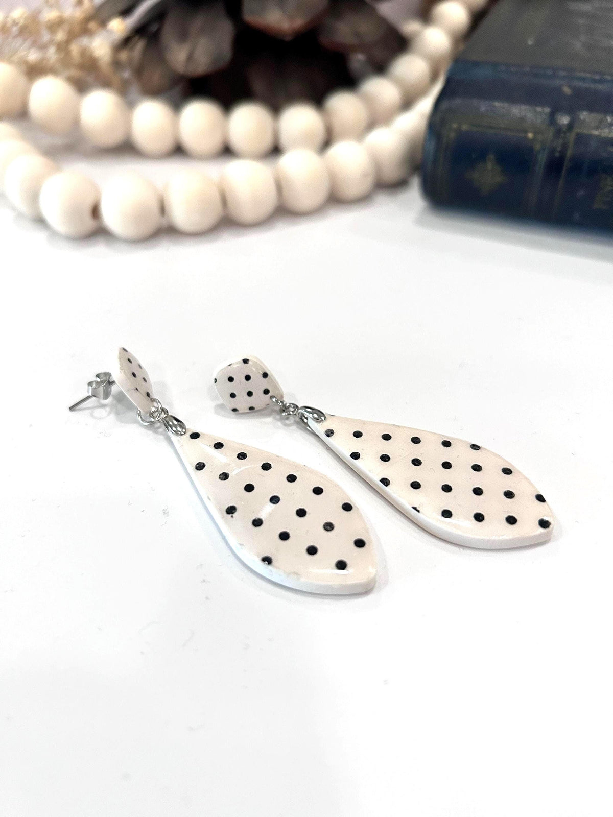 Polka Dot Earrings, Black and White Drop Earrings, Long Teardrop Clay Dangles, Handmade Jewelry