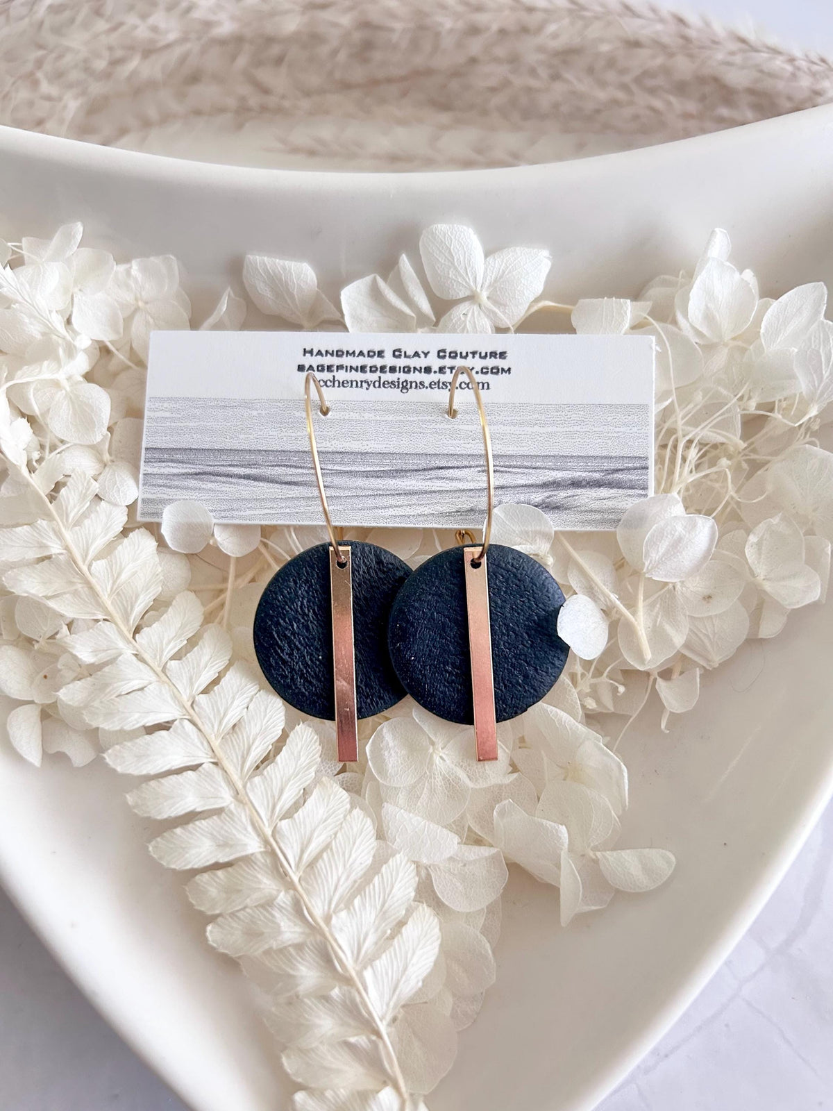 Handmade Gold Bar Hoop Clay Earrings, Neutral Black 18K Plated Dangles, Lightweight Hypoallergenic