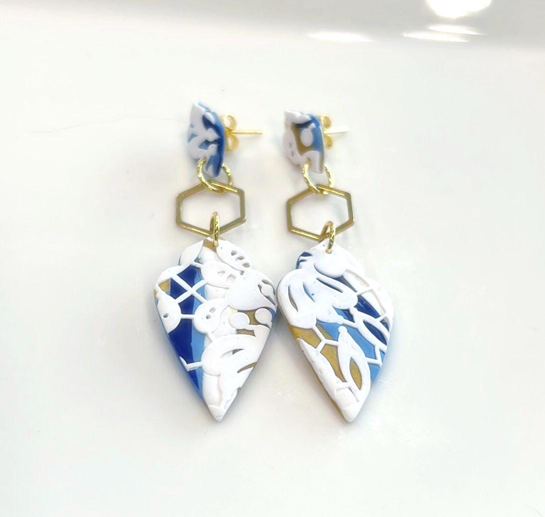 White Lace Clay Earrings, Navy Blue & Gold Dangles, Handmade Wedding Gift for the Bride
