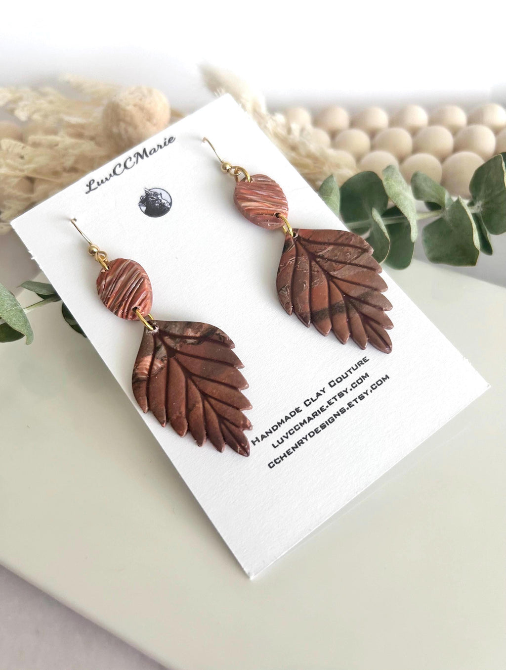 Brown Fall Leaf Earrings, Marbled Dangles, Handmade Clay Autumn Jewelry