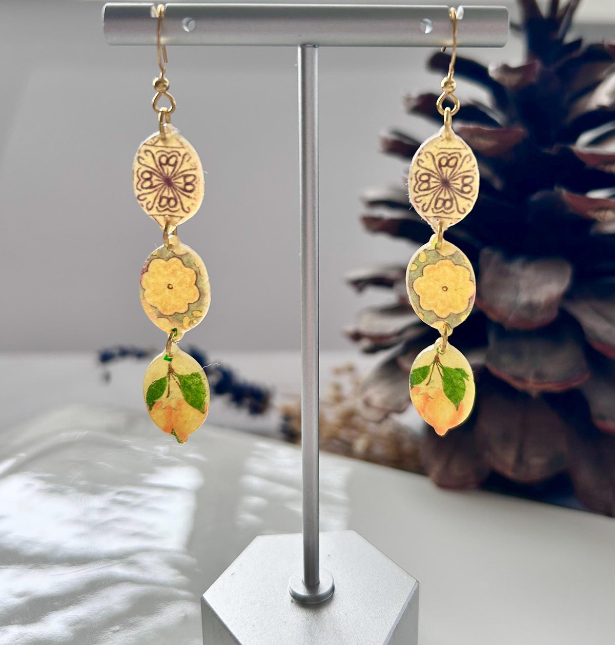 Lemon Mexican Tile Dangles, Santorini Earrings, Yellow Clay Long Handmade Lightweight Hypoallergenic