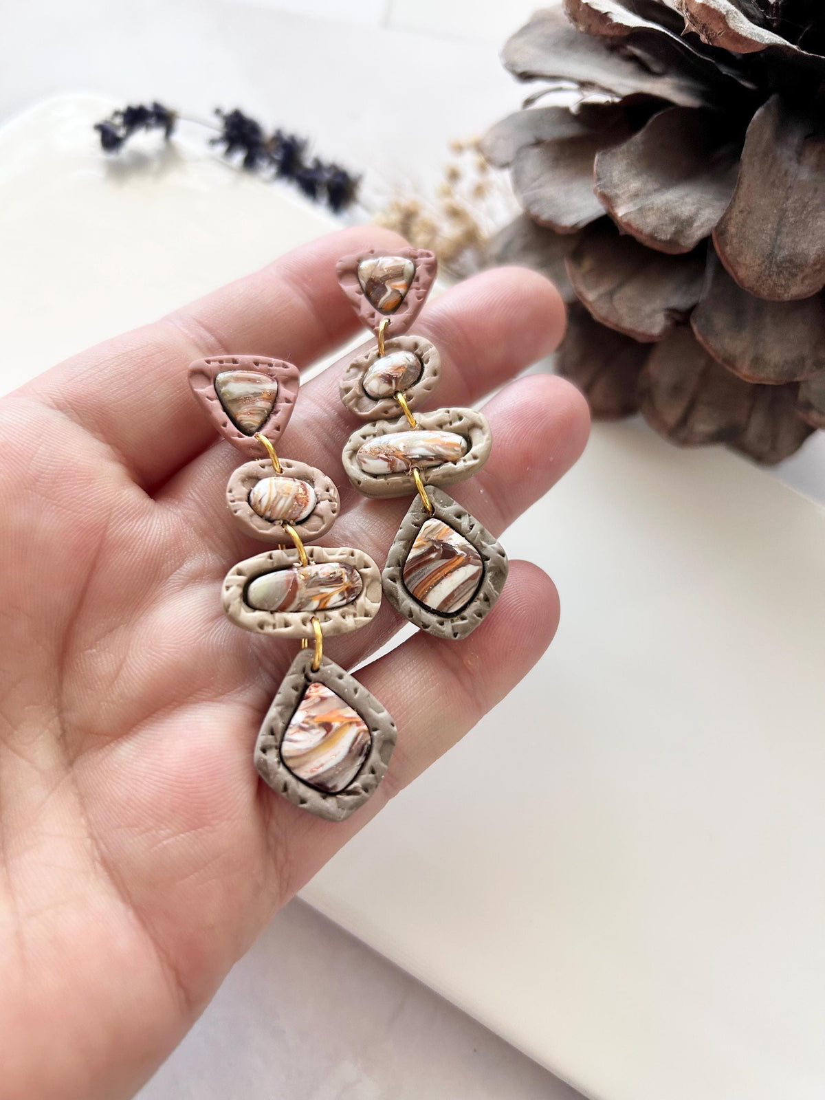 Neutral Stone Statement Dangles, Beige, Brown, Orange, White, Handmade Clay Post Earrings