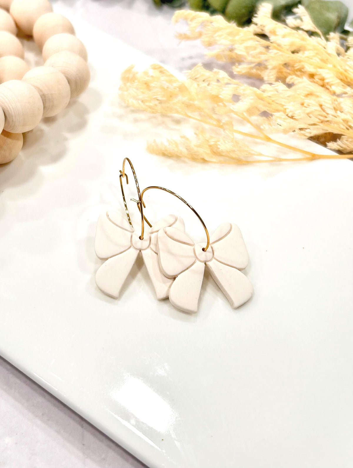 Creamy White Bow Earrings, Red Plaid Hoop Dangles, Maroon Clay Handmade Jewelry