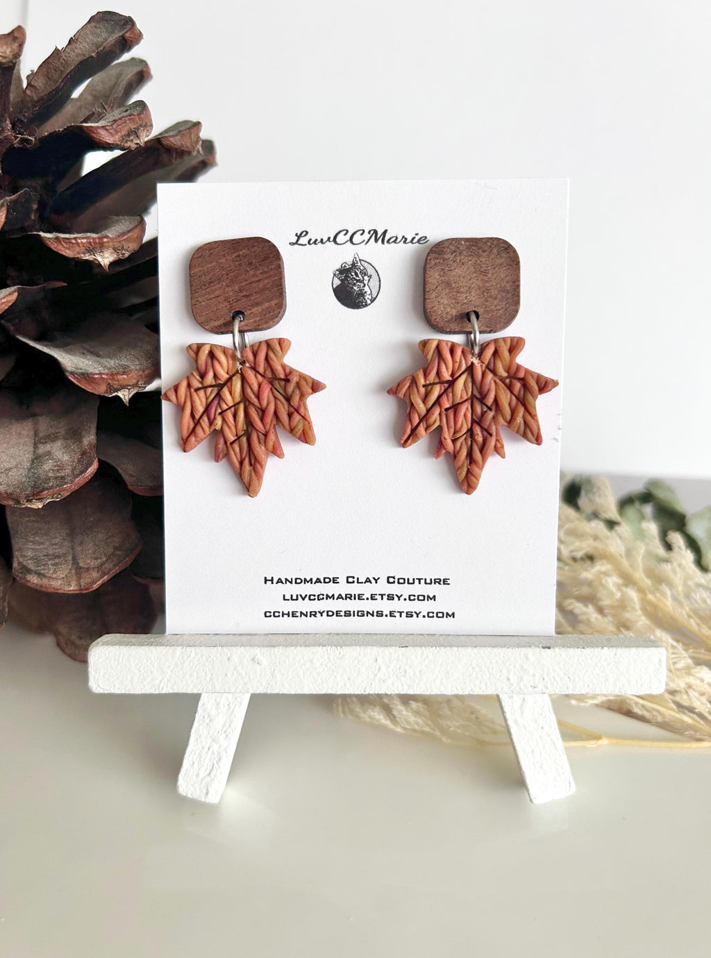 Clay Wood Stud Dangle Earrings, Fall Knit Maple Leaf Dangles, Mustard, Brown, Orange