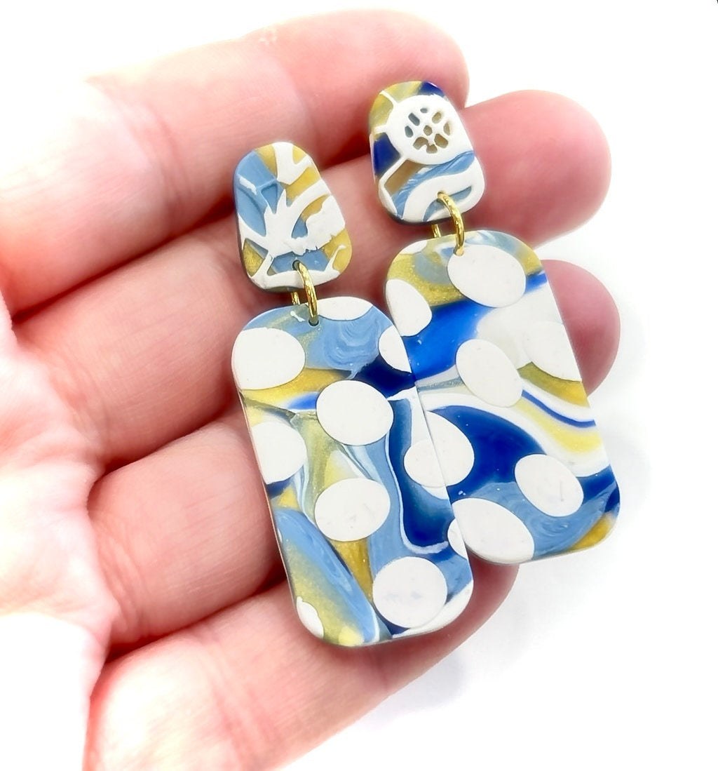 Handmade Clay Polka Dot Stud Dangles, Cobalt, White & Gold Dangle Earrings, Long Boho Jewelry