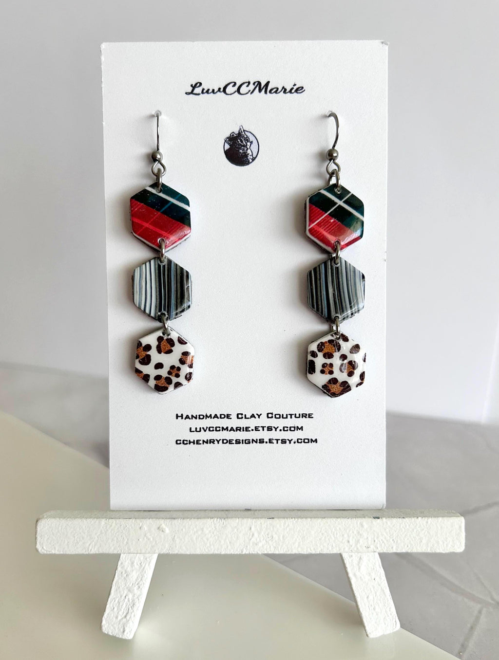 Cheetah Print Plaid Hexagon Daisy Chain Dangle Earrings: Handmade Boho Statement Clay Jewelry
