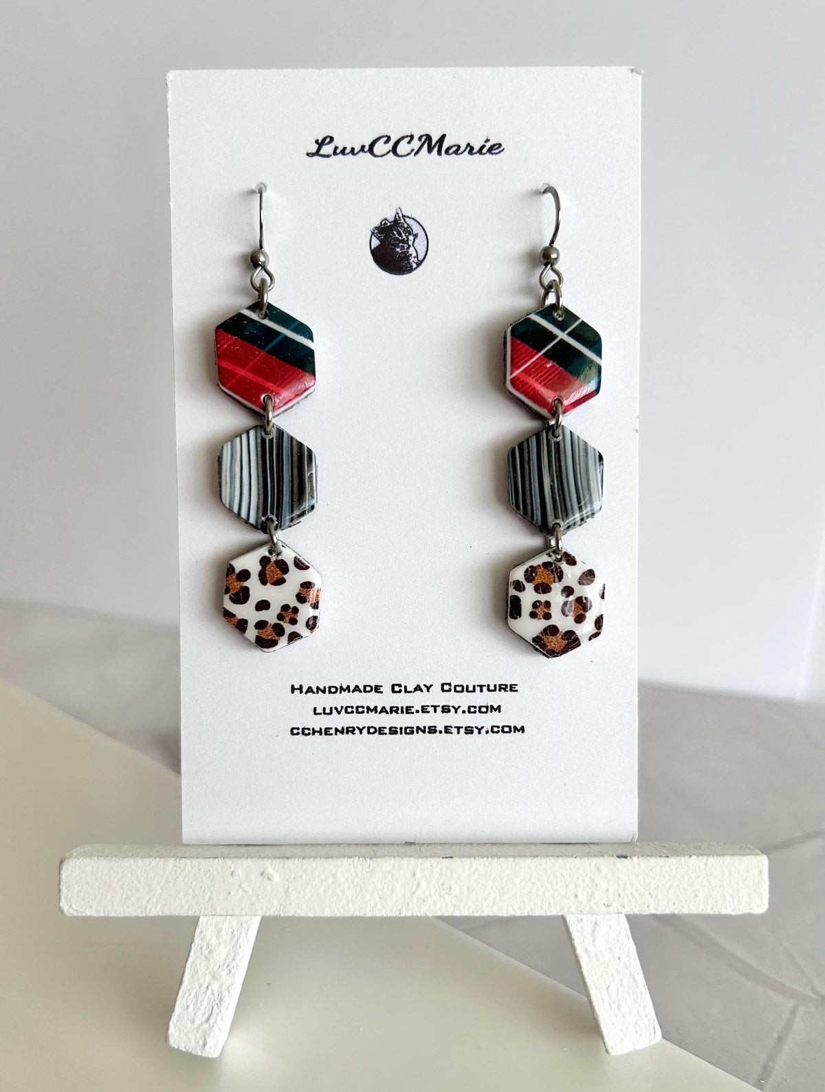 Cheetah Print Plaid Hexagon Daisy Chain Dangle Earrings: Handmade Boho Statement Clay Jewelry