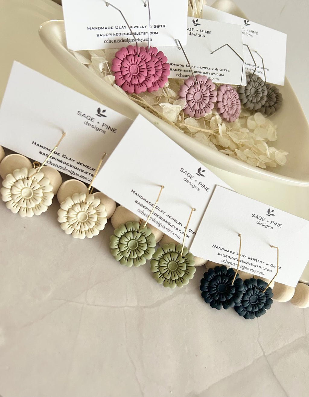 Clay Flower Hoop Earrings, Hypoallergenic Hoops, Geometric Dangle Minimalist Drops