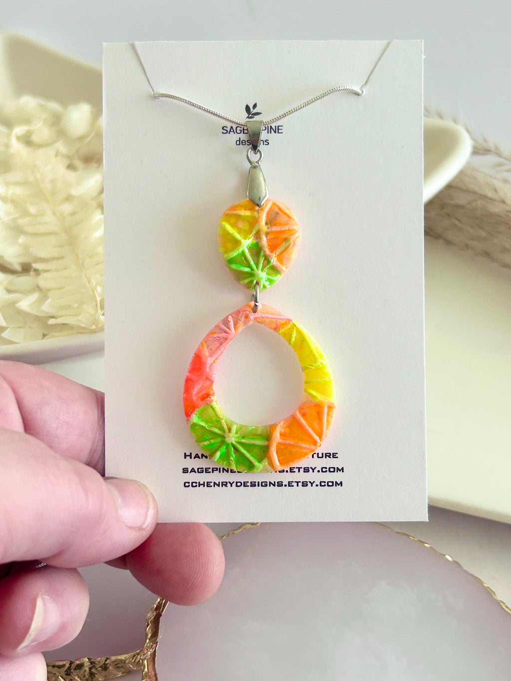 Citrus Necklace, Foodie Pendant, Silver Orange ,Neon Pink, Fluorescent Green, Teardrop Lemon Handmade Jewelry