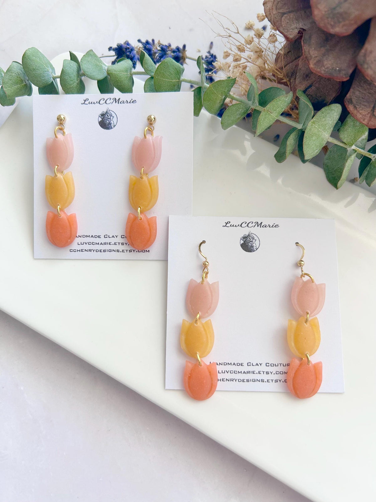 Multicolor Tulip Dangle Earrings, Long Dangly Pastel Clay Floral Boho Jewelry, Coral, Pink, Mustard