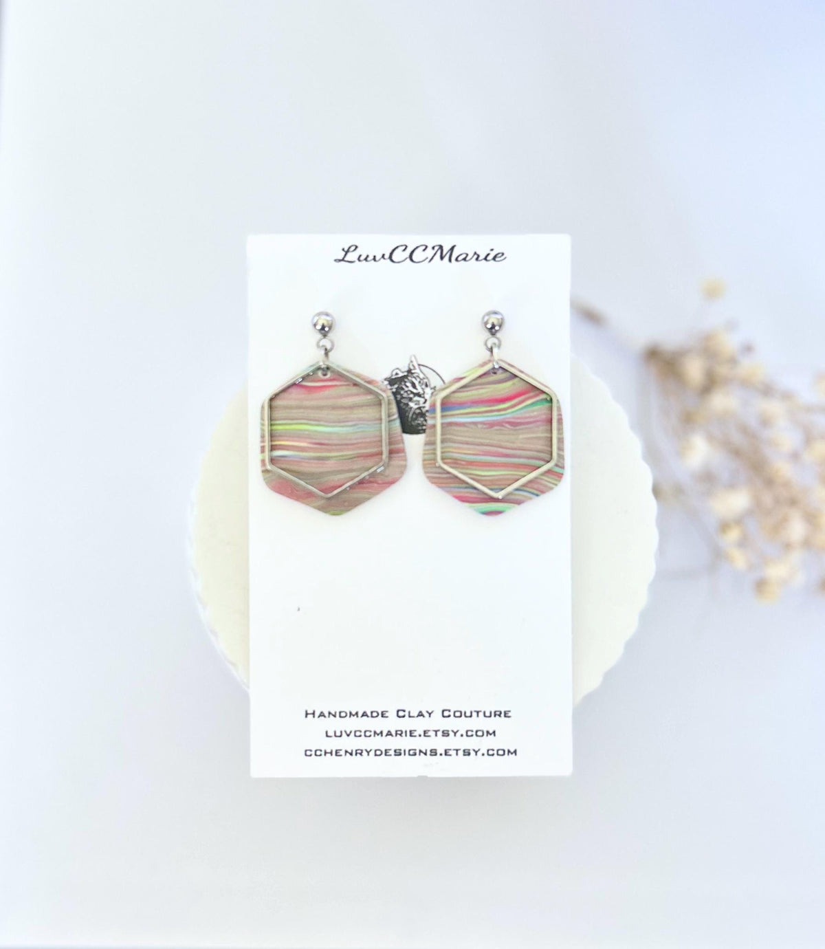 Handmade Clay Striped Earrings, Rainbow Pride Silver Dangles, Lightweight Jewelry Gift