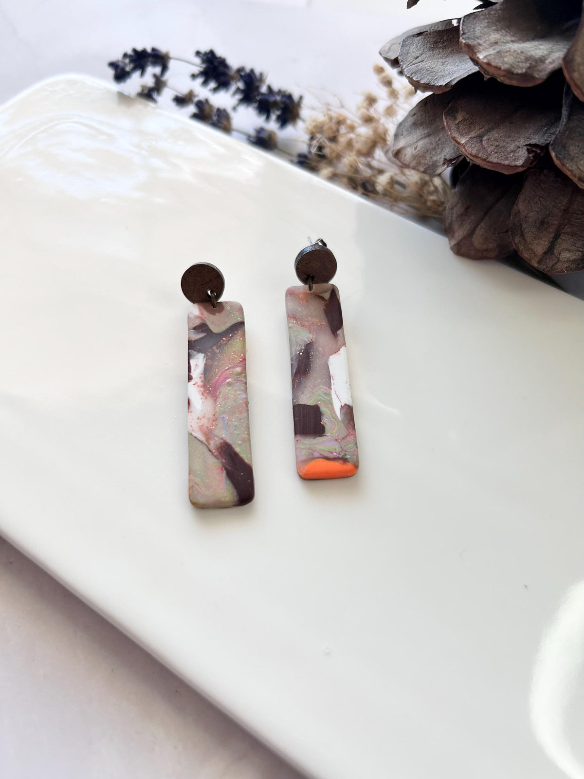 Brown Polymer Clay Earrings, Wood Stud Dangles, Handmade Fashion Jewelry Gift