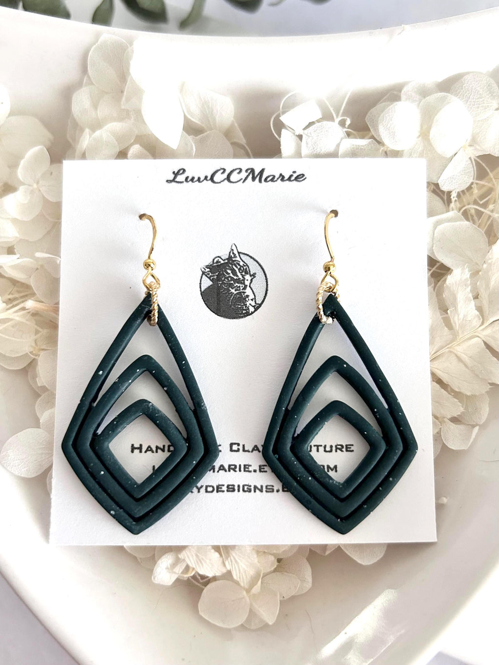 Dark Green Clay Earrings, Forest Dangles, Handmade Jewelry