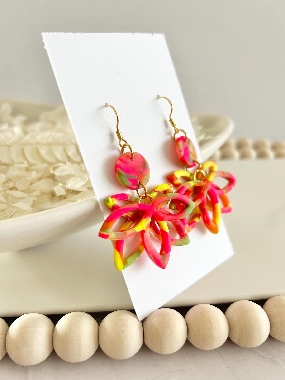 Neon Flower Clay Earrings, Fluorescent Rainbow Lotus Dangles, Geometric Floral Handmade Boho Jewelry Gift