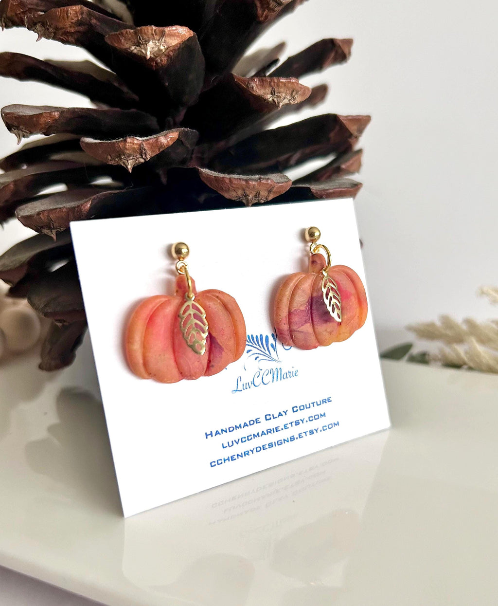 Pumpkin Hoops, Burgundy Marbled Fall Earrings, Gold Leaf Hoop Dangles, Handmade Clay Autumn Jewelry