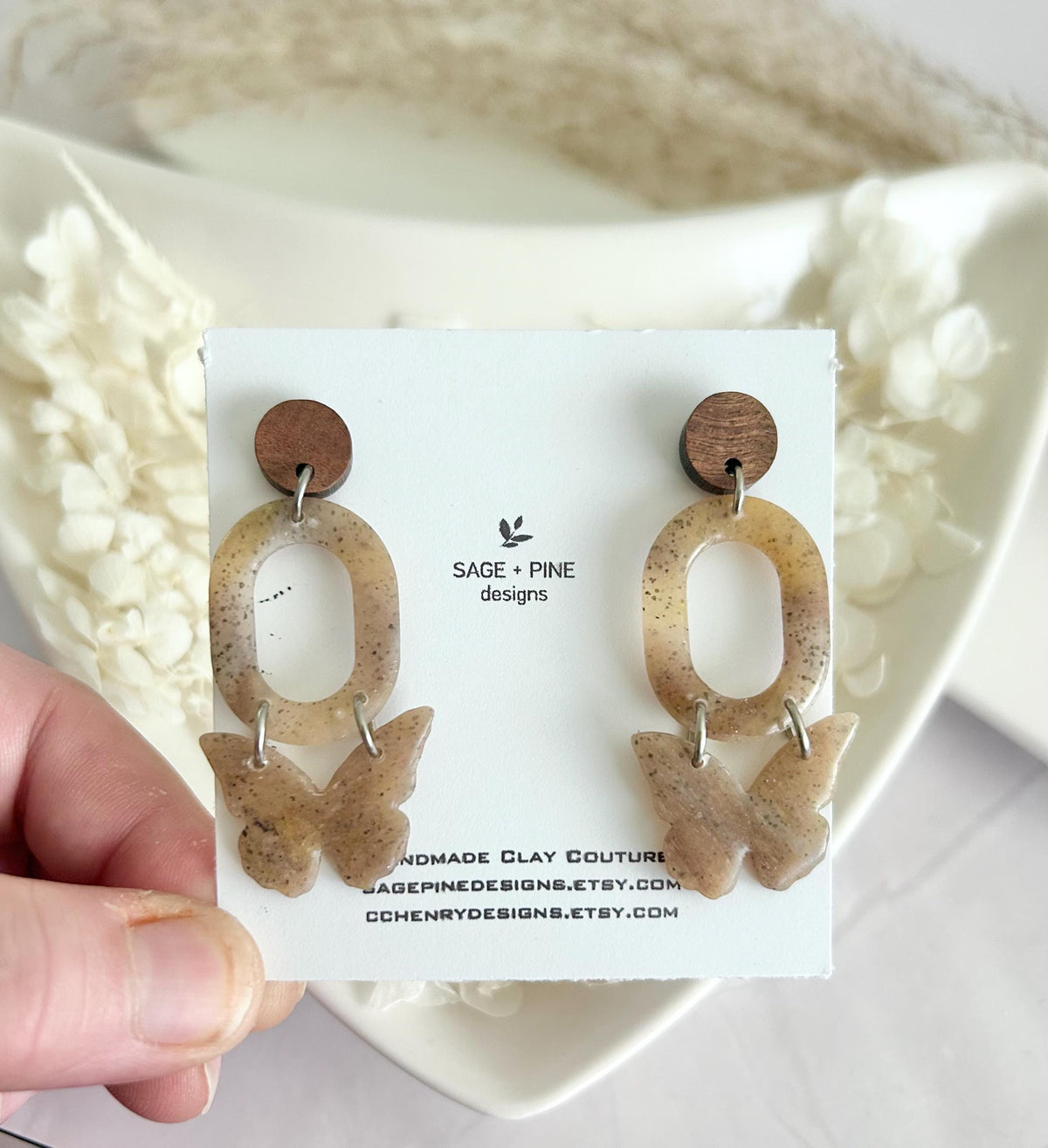 Neutral Beige Tortoiseshell Butterfly Clay Earrings, Boho Wood Dangles, Lightweight Handmade Fall Jewelry