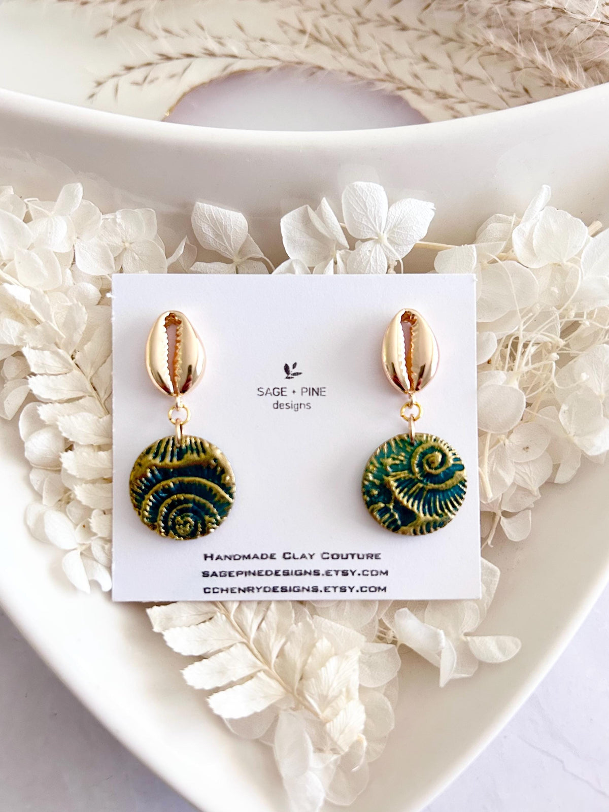 Seashell Cowrie Pearl Earrings, Coastal Vacation Faux Ammonite Drop Dangles, Handmade Clay Jewelry
