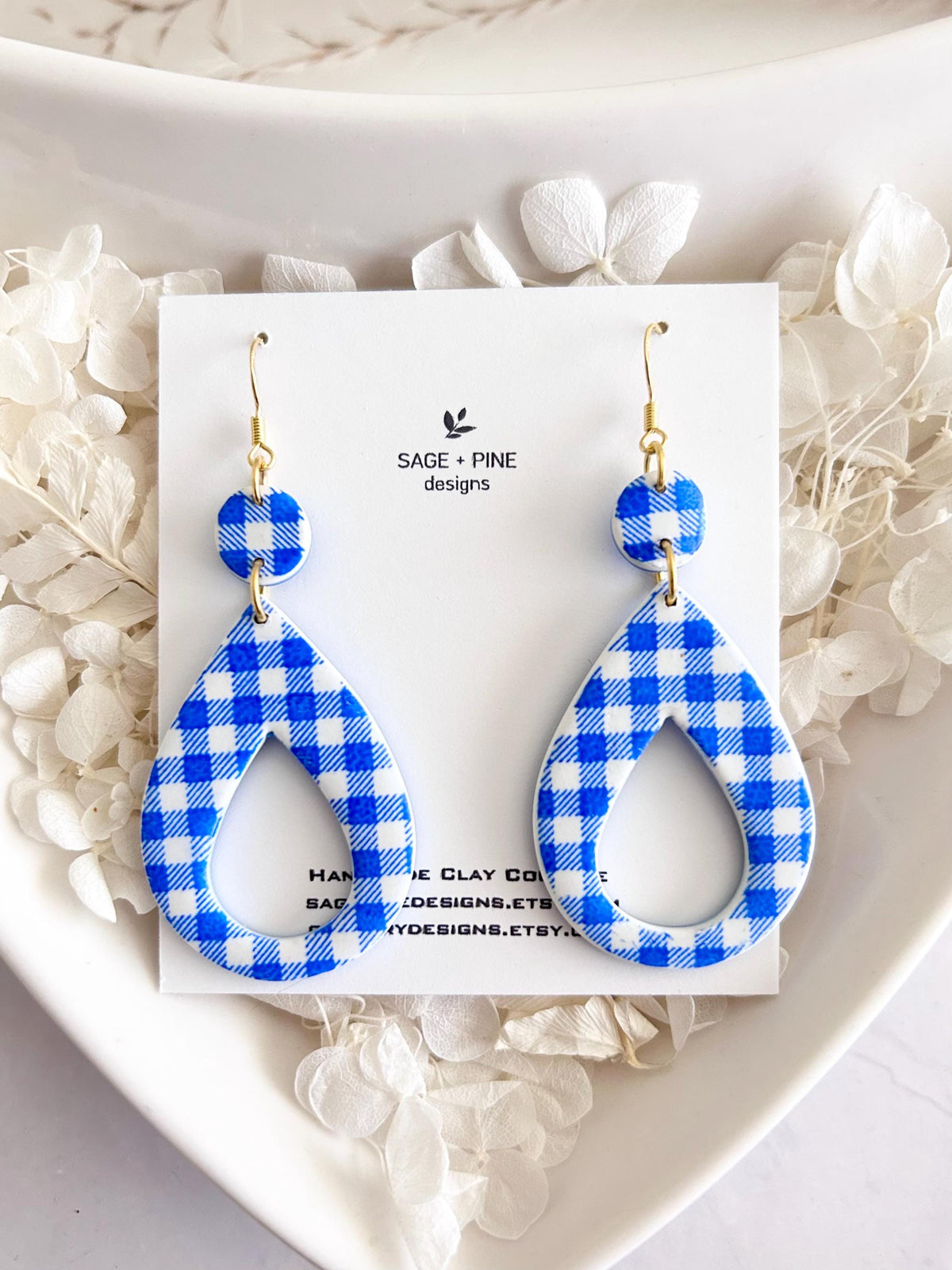 Navy Blue Gingham Check Hoop Dangles, Summer Earrings, Retro Clay Handmade Fashion Jewelry Gift