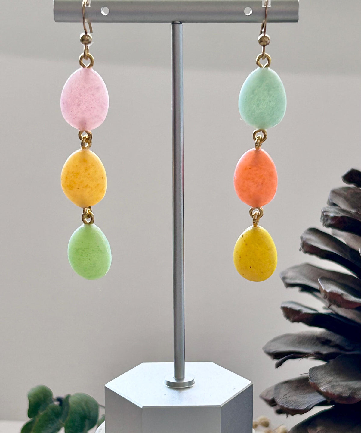 Handmade Long Pastel Egg Clay Earrings, Jelly Bean Dangles, Speckled Easter Statement Jewelry