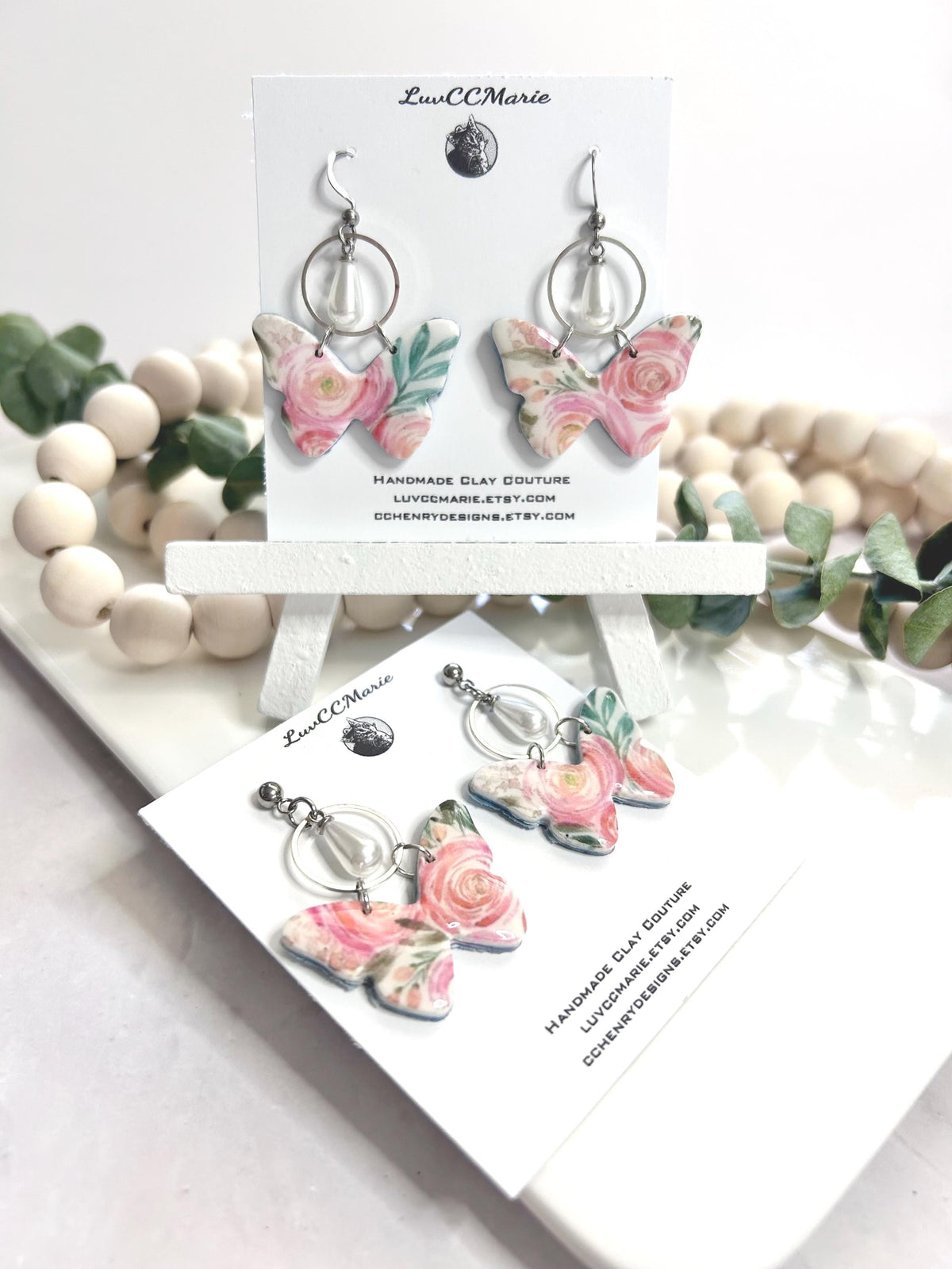 Pink Ranunculus Flower Floral Butterfly Dangle Earrings, White Pearl Hoop Dangles, Unique Bridal Gift