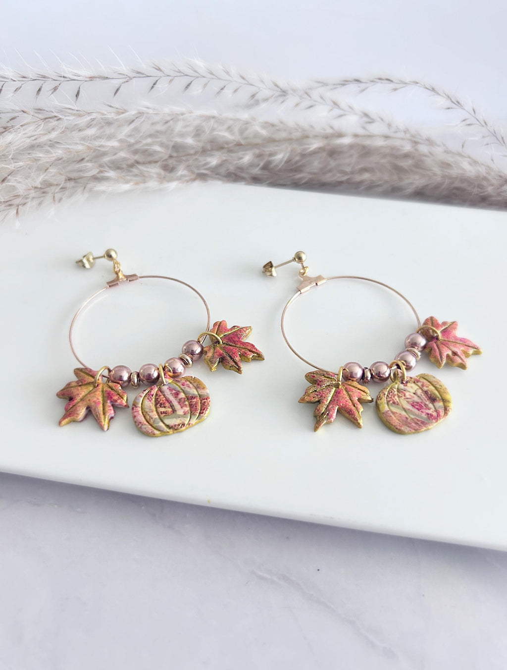 Fall Leaf Clay Earrings, Pumpkin Maple Beaded Hoop Dangles, Boho Hypoallergenic Lightweight Jewelry