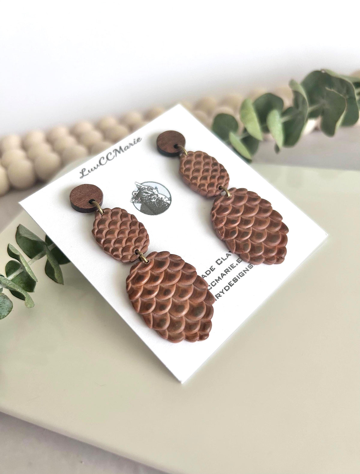 Handmade Pine Cone Statement Stud Dangle Earrings: Wood & Clay Fall Boho Jewelry