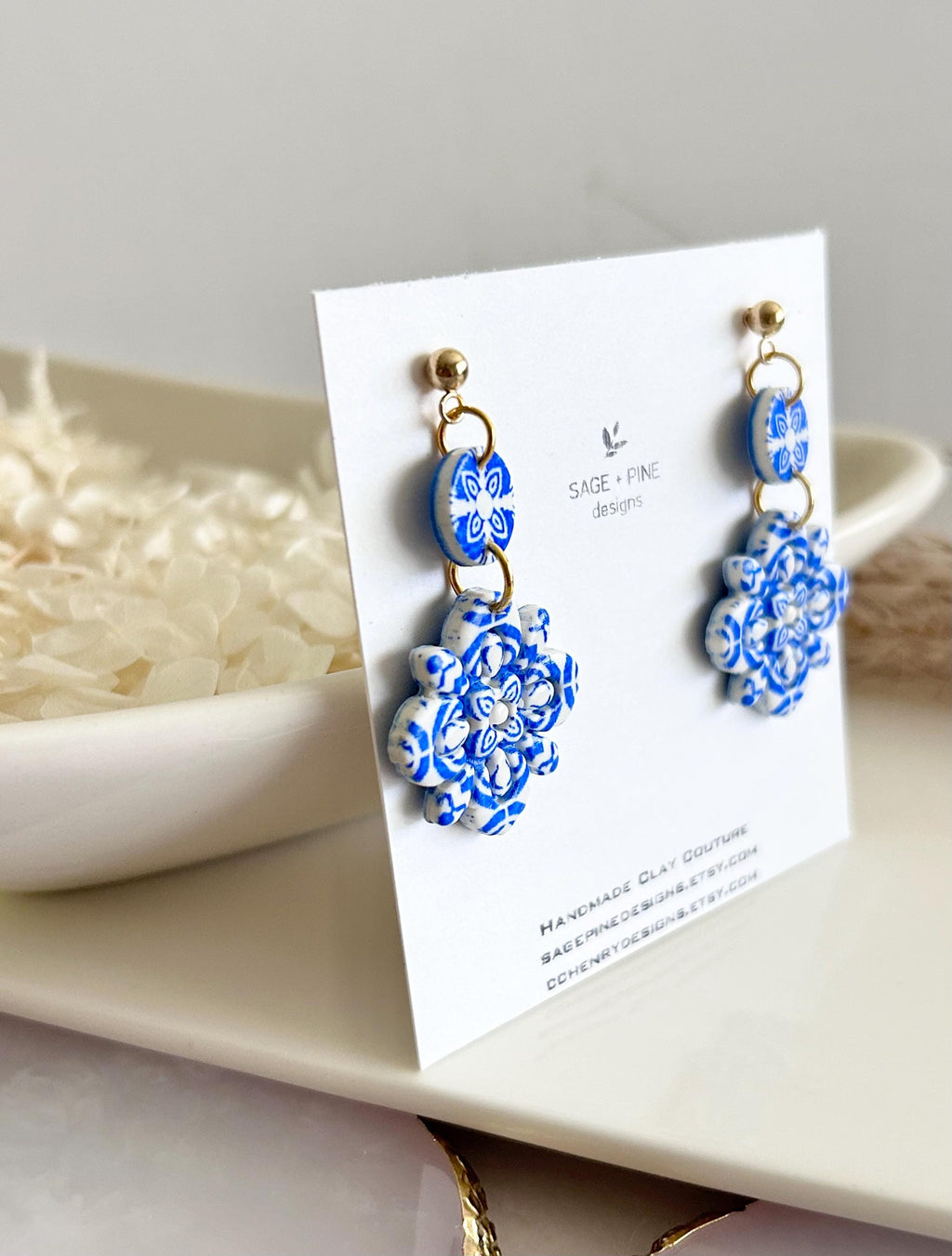 Blue & White Santorini Tile Clay Earrings, Flower Drop Dangles, Athens Jewelry Mediterranean Gift