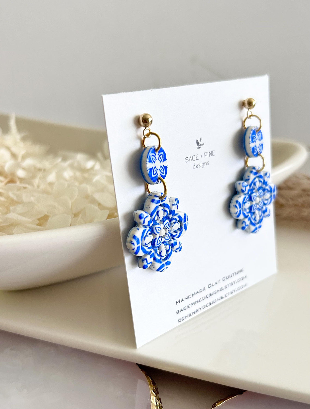 Blue & White Santorini Tile Clay Earrings, Flower Drop Dangles, Athens Jewelry Mediterranean Gift