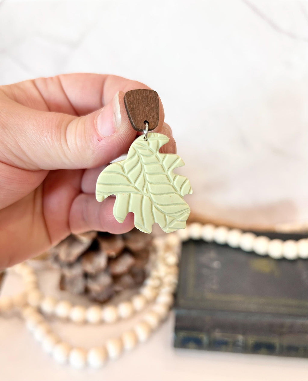 Sage Green Dangle Earrings, Wood and Clay Monstera Leaf Stud Dangles, Handmade Clay Jewelry
