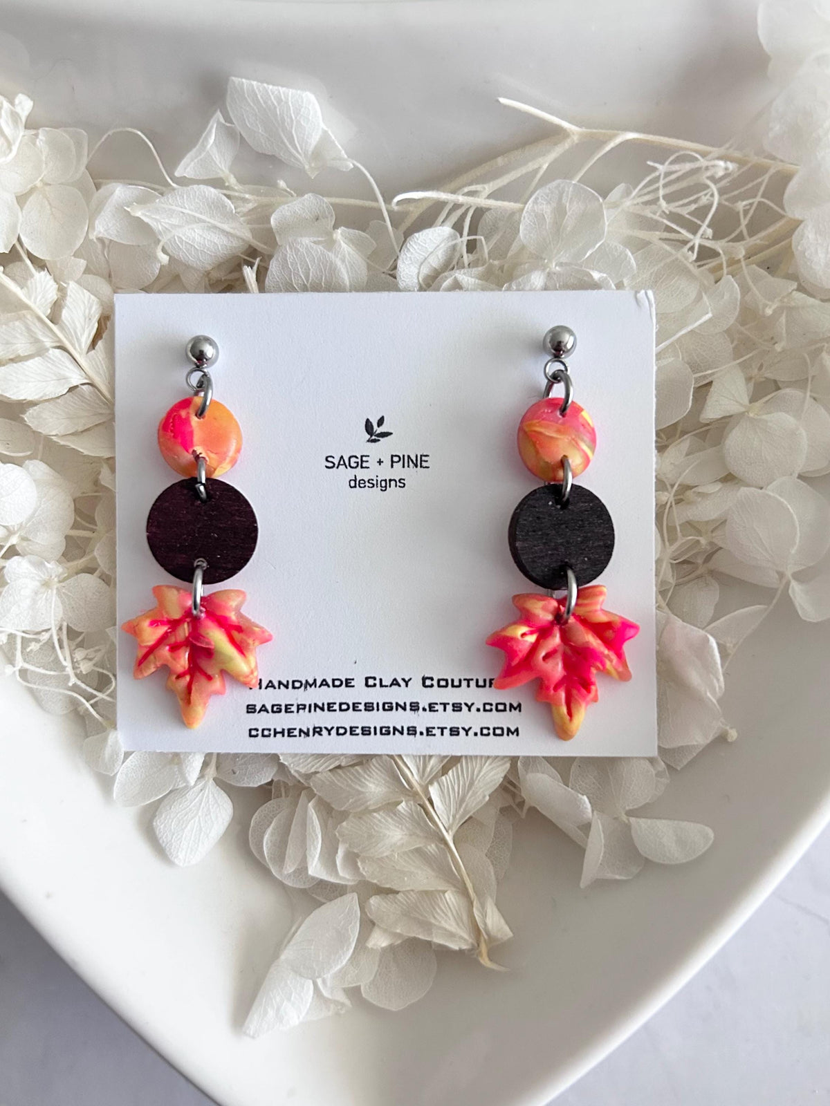 Fall Leaf Clay Earrings, Wood Bead Maple Dangles, Bright Neon Boho Hypoallergenic Lightweight Jewelry