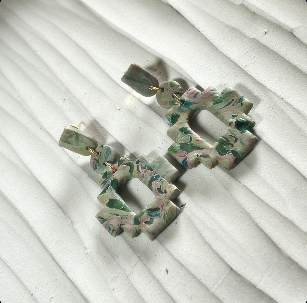 Handmade Clay Olive Pink Marbled Statement Aztec Style Post Drop Dangle Earrings