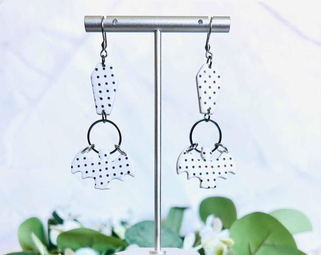 Polka Dot Long Earrings, Bat Coffin Dangles, Black and White Emo Jewelry