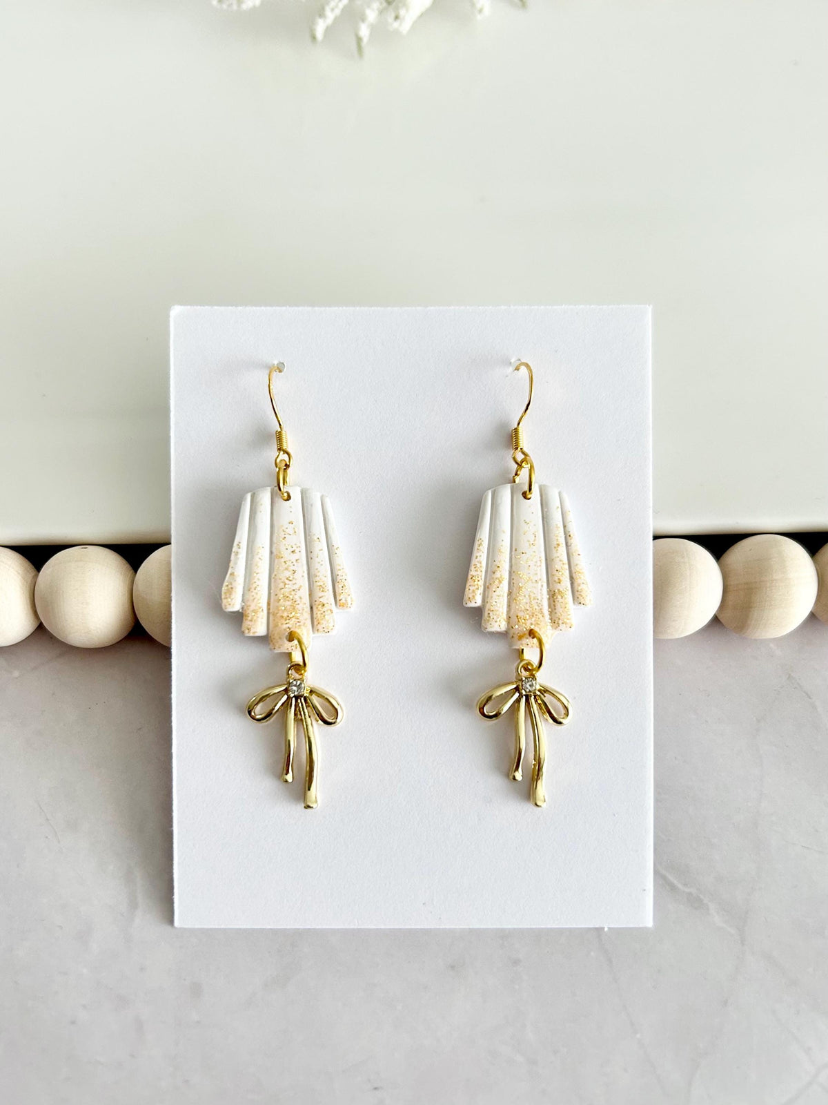 Sparkly Dangles, Bow Earrings, Modern Wedding Clay Jewelry, Handmade Gift For the Bride