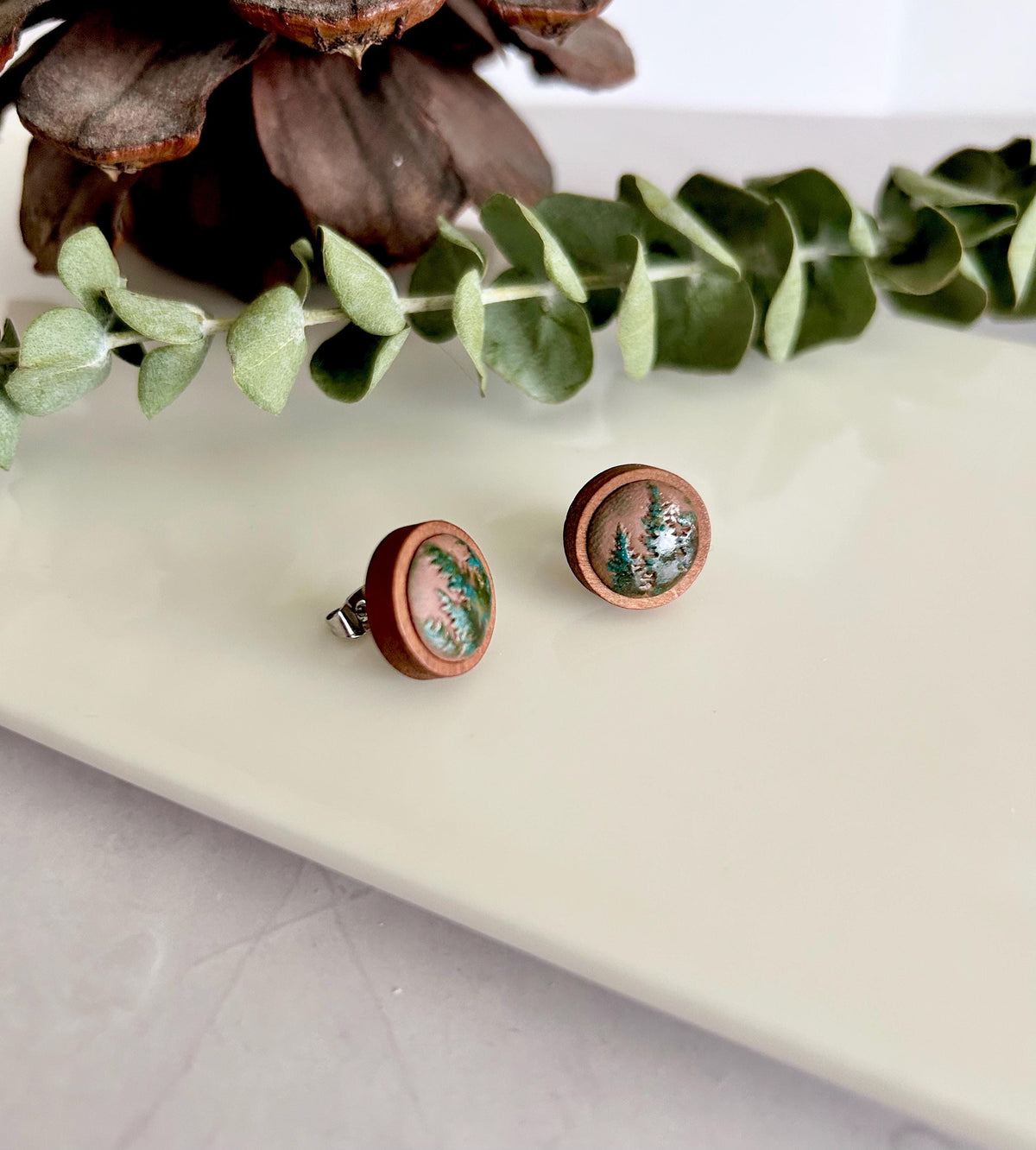 Handmade Pine Cone Stud Earrings: Wood & Clay Fall Boho Jewelry